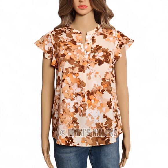 Calvin Klein Orange Floral Crepe Blouse Flutter Sleeves Split Neck Top Size S - Picture 2 of 10